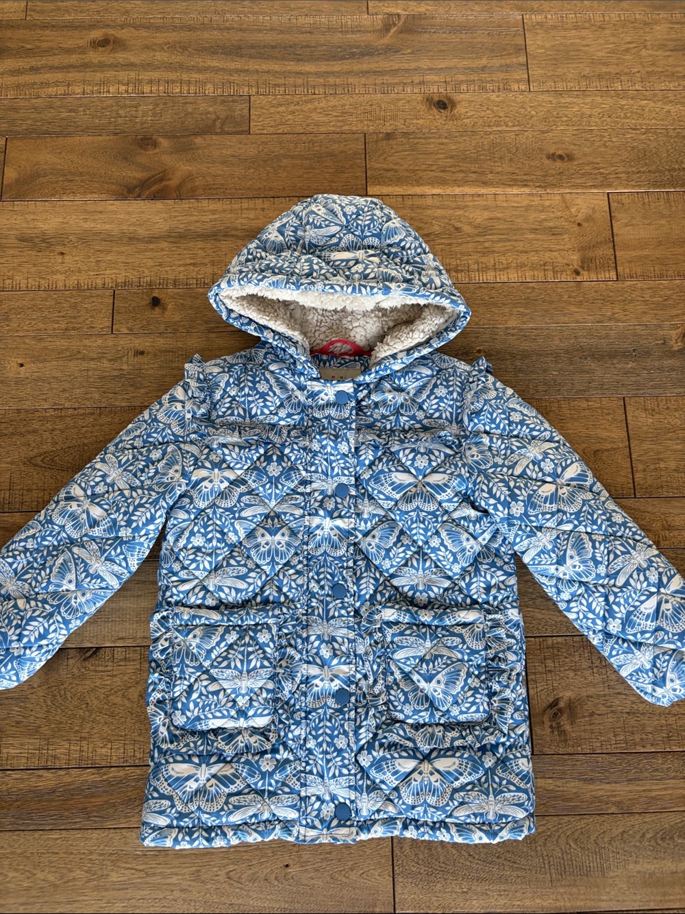 Boden Girls' Blue Butterfly Quilted Hooded Coat with Sherpa Lining